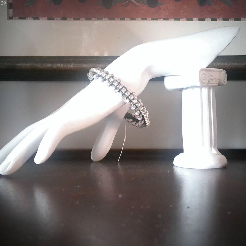 SHINE-UP PLUS Bracelet Triple Beaded Across White/ Diamond Like Size 7 1/2"